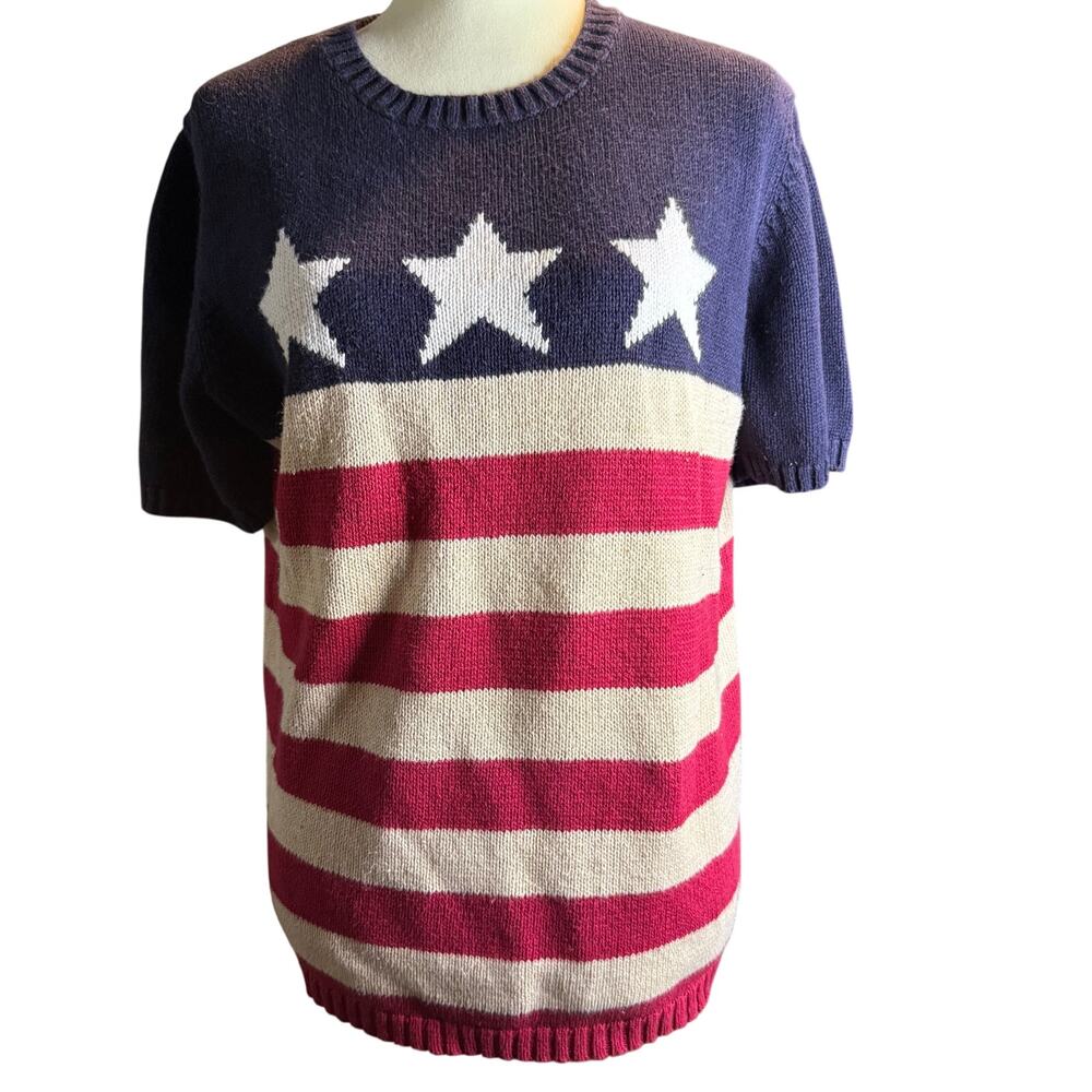 Sag Harbor Vintage Americana Flag Short Sleeve Knit Sweater, Ramie, Size XL